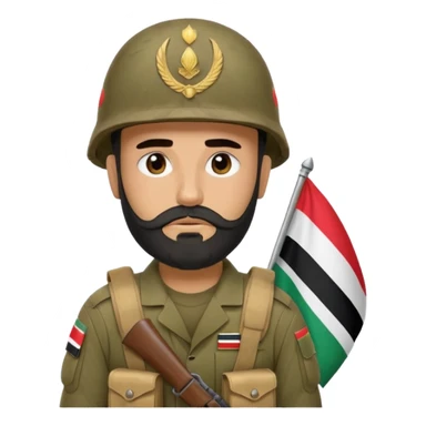A tired and sad, swarthy Iraqi soldier with a beard, an Iraqi flag on his helmet, a sad expression and bags under his eyes sticker