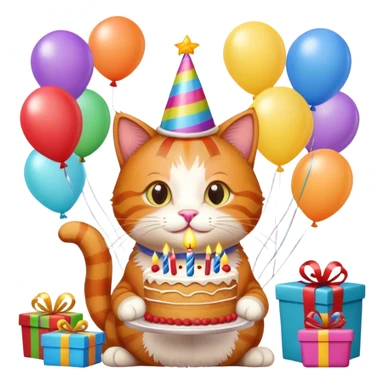 Ginger cat celebrates birthday, birthday hat, birthday cake, balloons, happy, gifts sticker