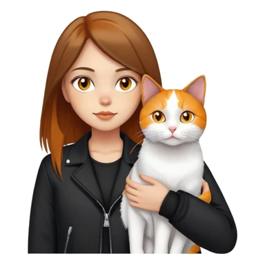 Light-skinned girl with brown straight hair wearing a black jacket, holding one pure white cat with bright yellow eyes and one calico cat with orange black and white patches sticker