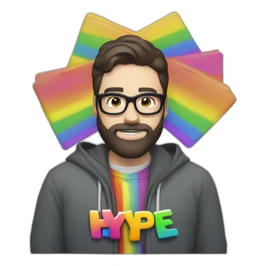 400 pound white man with dark hair and dark beard beard and glasses holding a sign that reads "hype" in rainbow colors sticker