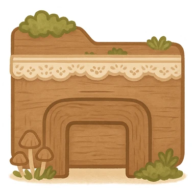 Transform the File Explorer icon into a cottagecore style to match previous PC and folder icons. Use soft earthy tones, rustic wooden textures, moss, tiny mushrooms, delicate lace, and nature-inspired details. No words or text. Transparent background. sticker