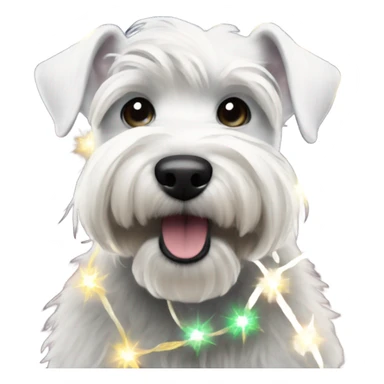 White miniature schnauzer tangled up in Christmas lights sticker