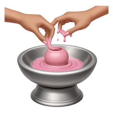 single hand caught mid-action of throwing a pink clay blob that is already placed on a silver pottery wheel sticker