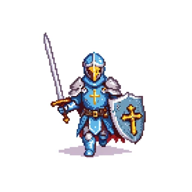 running paladin knight in shining armor with holy symbols and a sword sticker