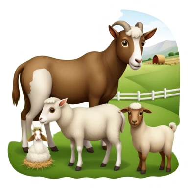 Icon for Domestic Hooved Animals: A gentle collage featuring a brown goat with large, curious eyes, a calm sheep with soft wool and a horse with a flowing mane. Background with a green pasture and a few hay bales. Transparent background. sticker