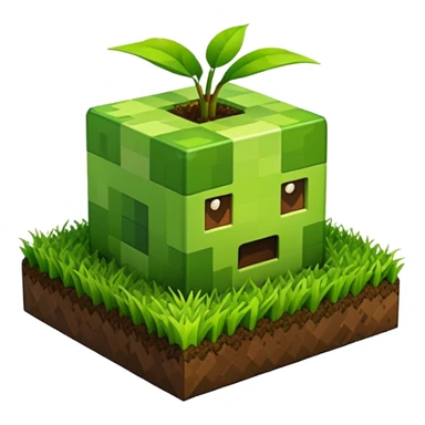 A 3D Apple-style emoji of a Minecraft grass block, cubic shape, with bright green grass on top and brown soil with pixel texture on the sides, simple and cute cartoon design. sticker