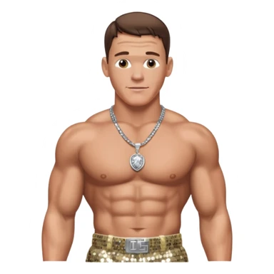 John Cena with silver sequin baggy pants, shirtless with necklace, brown hair sticker
