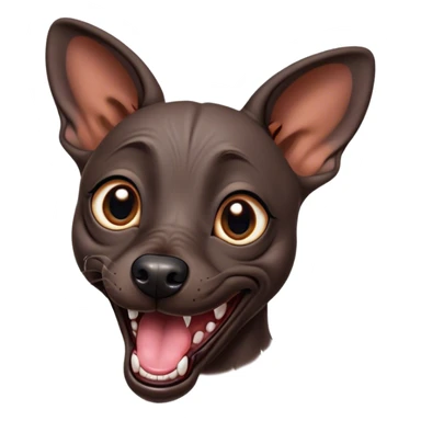 Cinematic Comical Xoloitzcuintle dog Portrait Emoji, Head tilted dramatically with an exaggeratedly amused expression, featuring smooth, hairless ebony skin with pronounced wrinkles and wide, expressive dark eyes filled with playful disbelief, Simplified yet hilariously expressive features, highly detailed, glowing with a slightly sassy glow, high shine, dramatic yet playful, stylized with an air of cheeky mischief, bright and endearing, soft glowing outline, capturing the essence of a spirited and over-the-top companion, so meme-worthy it feels like it could side-eye its way into internet fame instantly! sticker