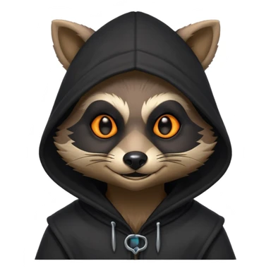 gothic thief raccoon portrait, head and shoulders only, dark hood, glowing eyes, mysterious sneaky grin, 3D cartoon, mobile game icon style, clean background, no text, no watermark
 sticker