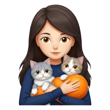 a girl with long dark brown hair, in a navy sweater, hugs a persian peaknose grey cat and persian peaknose orange and white kitten sticker
