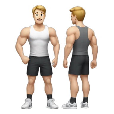 Full height Actively gesturing with hands Pale skinned Fit Man With the biceps and brown hair in dark gray Sleeveless Mike, black oversize sports shorts and white Sneakers sticker
