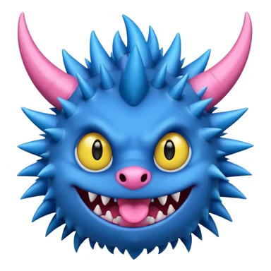 A blue monster with two small black horns, spiky fur, large round yellow eyes, a wide grin showing sharp teeth, and its tongue playfully sticking out to the side. sticker