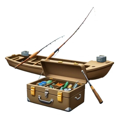Icon for Fishing: a boat on the shore of a peaceful water body with a beautiful natural landscape, a fishing tackle box, a spinning rod. The icon should capture the tranquility and gear of a fishing adventure. Without frame. Transparent background. sticker