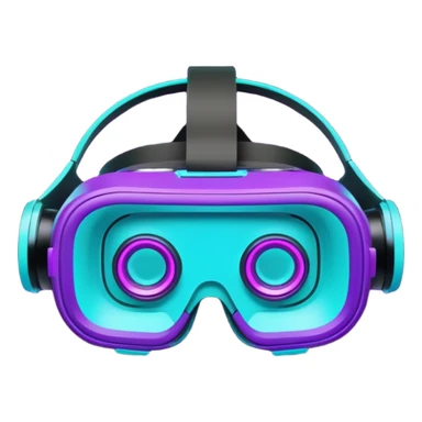 Futuristic glowing neon VR headset emoji, purple and cyan light, dark background, digital tech style sticker