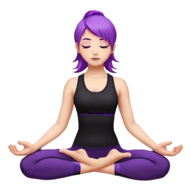 A young woman with purple hair doing yoga in the camel pose (Ustrasana), wearing a black sports outfit, minimalistic background with mandala pattern and colorful stars, soft lighting, peaceful atmosphere, digital illustration style. sticker