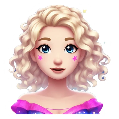 Hair: Light blonde with neon pink and violet highlights, long with curls, glowing star-shaped clips or a sparkling tiara. Eyes: Bright blue, large and expressive. Outfit: Off-shoulder top with neon accents and starry patterns. Anime style sticker