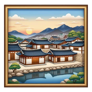 Cinematic Realistic Bukchon Hanok Village Landmark Emoji, depicted with traditional Korean houses set against a scenic backdrop rendered with detailed textures and warm, inviting lighting. sticker