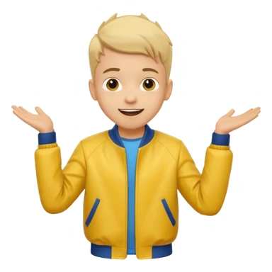 excited boy with good hair cut shrugging his shoulder, wearing yellow jacket and smile sticker