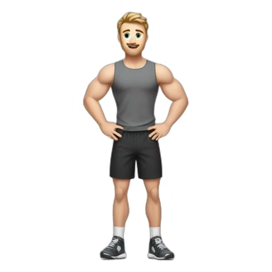Full height Actively gesturing with hands Pale skinned Fit Man With the biceps and brown hair in dark gray Sleeveless Mike, black oversize sports shorts, Wrist watch and white Sneakers sticker