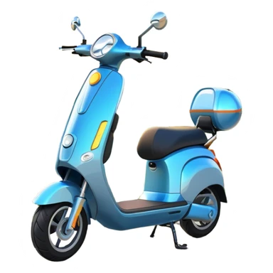 An icon featuring a sleek electric scooter parked on a scenic path. The background showcases a vibrant city park with green trees, flowers, and a clear blue sky. The sun sets in the distance, casting a warm golden glow on the landscape. Transparent background sticker