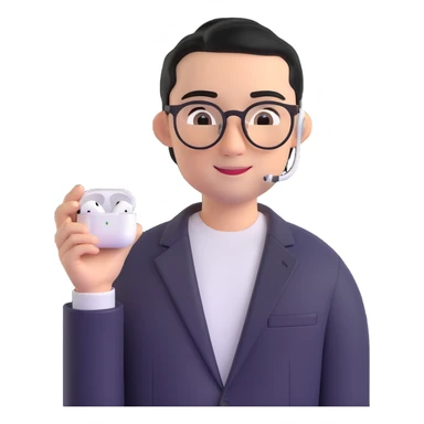 Memoji-style 3D cartoon male, light skin, short black hair parted to one side, round black eyes, thin arched brows, sharp nose, smiling, round glasses, silver AirPods Max headphones, black blazer, white T-shirt, smart casual, curious and attentive, podcast host sticker
