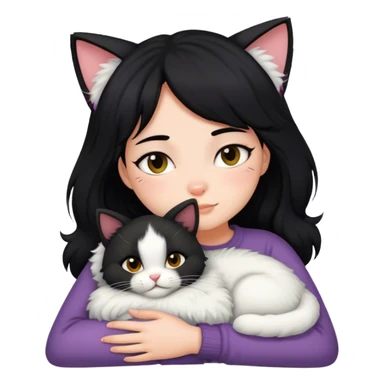 Black hair girl snuggling a fluffy ruffian (cat) sticker