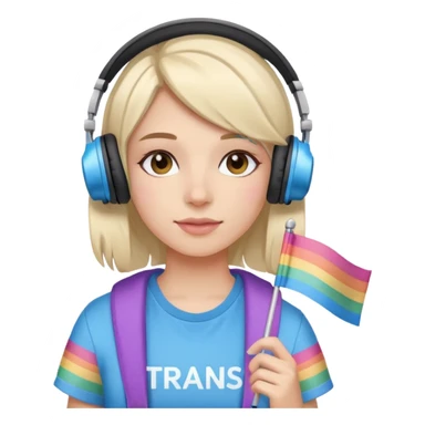 girl with headphones and trans pride flag sticker