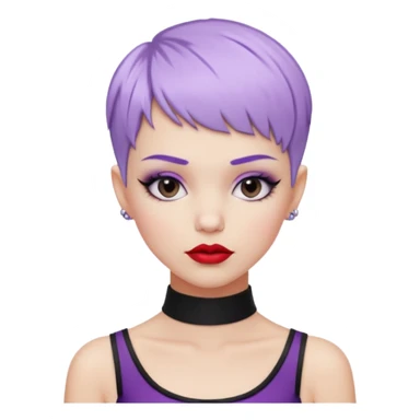 fashionista white girl, pastel purple short pixie hair, black choker, red lipstick, lip ring, raised eyebrows, smirk sticker