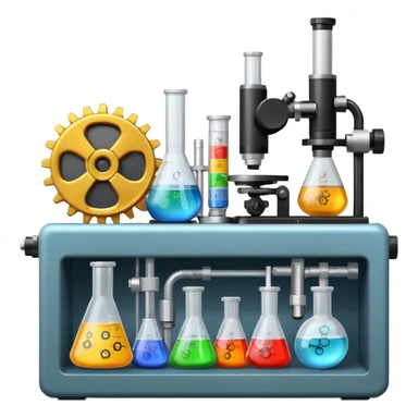 toolbox science, chemicals, mechanical gears, electronics, resistors, ic, microscope, nuclear model, radioactivity sticker