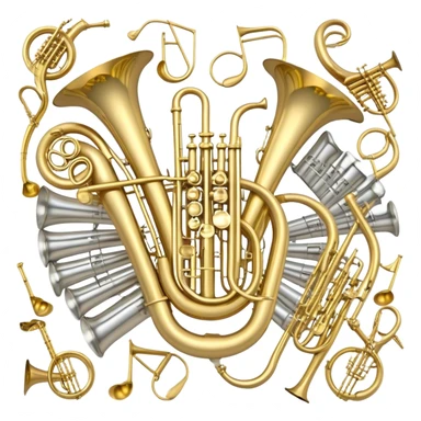 Create a festive and elegant emoji collage featuring a bouquet or fan of bells of wind instrument  (trumpets, saxophones, trombones, tubes, etc.) arranged in a radiant, symmetrical pattern. The instruments should have polished, golden and silver finishes, with their large, shiny bells forming a beautiful, fan-like display. Include a flowing ribbon of musical notes swirling through the center, conveying movement and melody. The background should feature a deep red velvet texture, adding a touch of luxury and sophistication. The overall composition should be balanced, with an elegant and regal feel, with a transparent background to keep focus on the instruments and musical elements. sticker