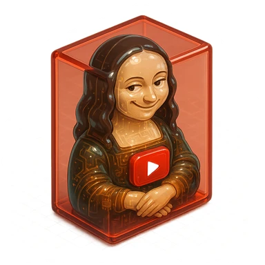 Mona Lisa with a playful sarcastic grin, red YouTube play button, glossy circuit style, in red box sticker