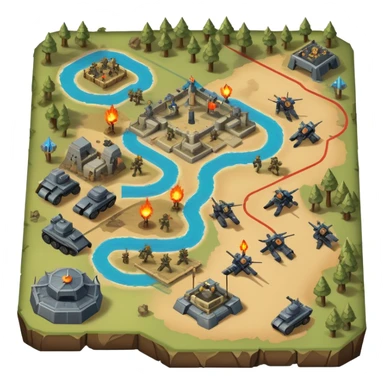 An icon showing a strategic battle scene with a top-down view of an army, inspired by classic strategy games. The interface displays unit icons, a minimap, and resource counters. Soldiers and siege weapons engage in combat on detailed terrain. Transparent background. sticker