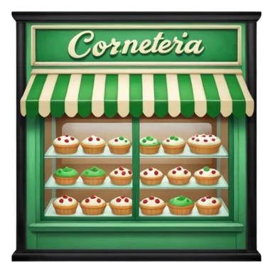 The image shows the front window of a bakery named "Cornetteria". The window is framed by a green wooden frame and has a sign above it that reads "CORNETTERIA".  sticker