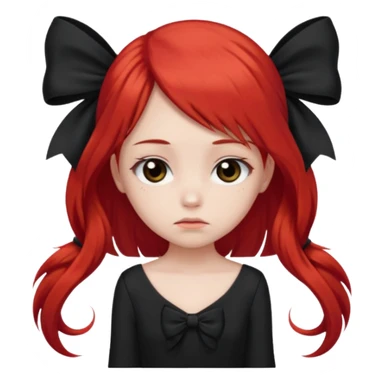 red long twin tail hair girl with black bow on her hair wearing black dress with a sad face sticker