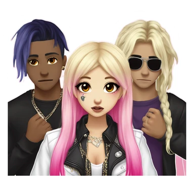blonde and pink hair pale hime gyaru girl, hot pink and yellow split-dyed hair, nose ring, elf ears, dark makeup, punk clothes standing next to three diffrent men praying  sticker