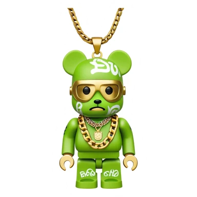 classic bearbrick figure with lime green mask covered in chaotic brand logos, wearing several large gold chains, gold pendant, rapper style accessories, expressive eyebrows sticker