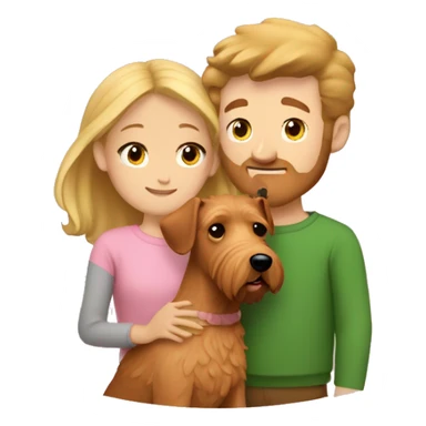 a girl with blond hair in a beige sweater and a guy with light brown hair in a pink t-shirt hug an Irish terrier sticker