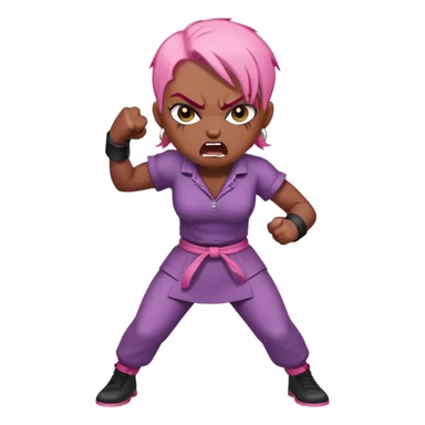 full body angry feminist with half bald head and half pink hair, extremely angry facial expression, fists clenched, aggressive stance sticker