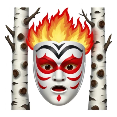 birch tree male mask in kokoshnik expressing anger, white, black and red palette, the texture has black marks, red fire at the top sticker