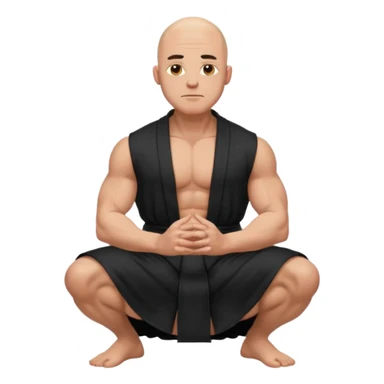 fullbody jacked bald guy, sleeveless and unbuttoned in black robe sitting hands on knees sticker