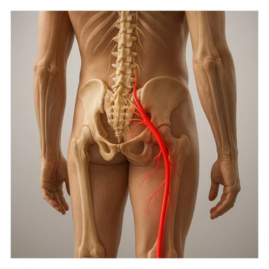 Hyperrealistic anatomical view of sciatica: human body seen from behind, visible spine, bones, and nerves, sciatic nerve highlighted in red starting from the lumbar area and descending along the left leg, clear anatomical details, neutral background, 4K quality. sticker