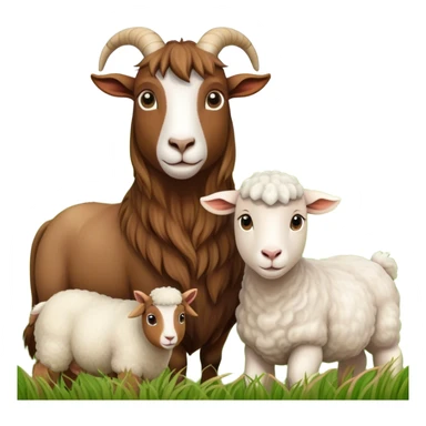 Icon for Domestic Hooved Animals: A gentle collage featuring a brown goat with large, curious eyes, a calm sheep with soft wool, and a majestic horse with a flowing mane. Background with a green pasture and a few hay bales. Transparent background. sticker