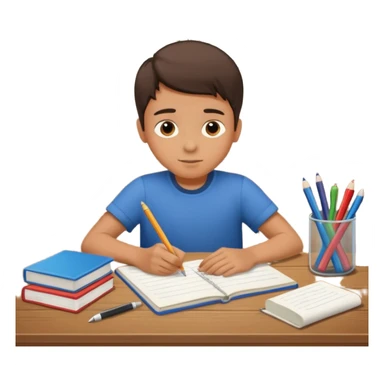 un niño escribiendo en un cuaderno en una mesa con muchas hojas y cuadernos al lado. sticker