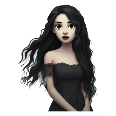 Dramatic girl  very pale with dark lighting  with black hair  in river with very very long lace dress  black long hair flying in the wind sad face  white eyes sticker