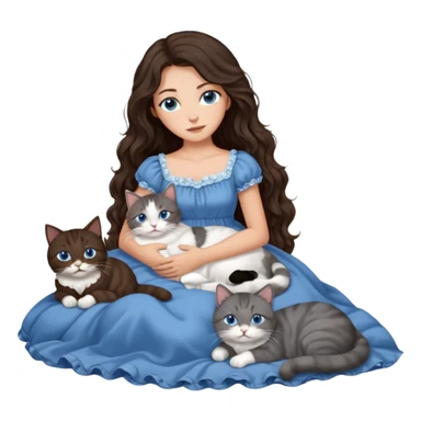 detailed realistic looking a dark grey and white cat regally laying with six other cats, cuddling with their owner in bed who is a pretty bratz lightly tanned white girl with long dark brown hair, blue eyes and gorgeous long wavy hair wearing a pretty detailed dress sticker