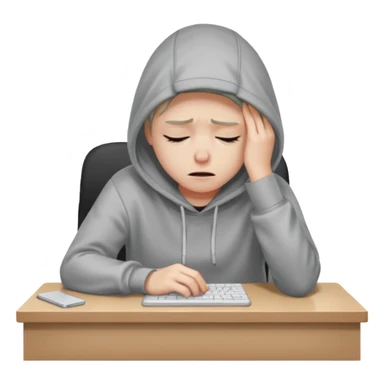 A person wearing a hoodie experiencing burnout, exhausted and overwhelmed, tired eyes, slumped posture, sitting at a desk, iOS emoji style sticker