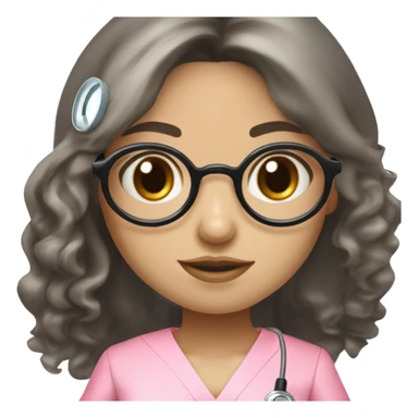 PrettyAian girl (beige white skin tone and big eyes) with circle silver glasses, hair bang and wavy long black hair , wearing a pink nurse uniform (scrub) with a stethoscope sticker