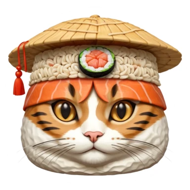cat wearing a hat made out of sushi, highly detailed sushi hat sticker
