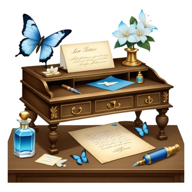 A poetic still life of an antique wooden desk adorned with an ink-stained love letter, a golden-tipped quill resting beside it. A translucent blue butterfly flutters near an elegant perfume bottle, surrounded by ivory gardenias and scattered pearls. sticker