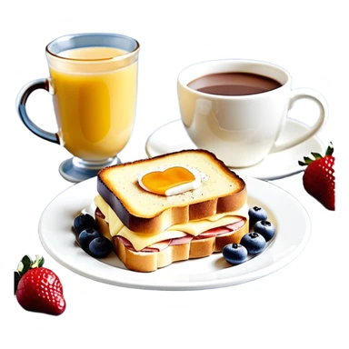 Un joli plateau sur lequel repose un délicieux petit déjeuner composé d’un croque-monsieur croustillant, d’un bol de yaourt aux fruits, d’une tasse de chocolat chaud garnie de guimauves et d’un joli vase contenant deux fleurs d’hibiscus sticker